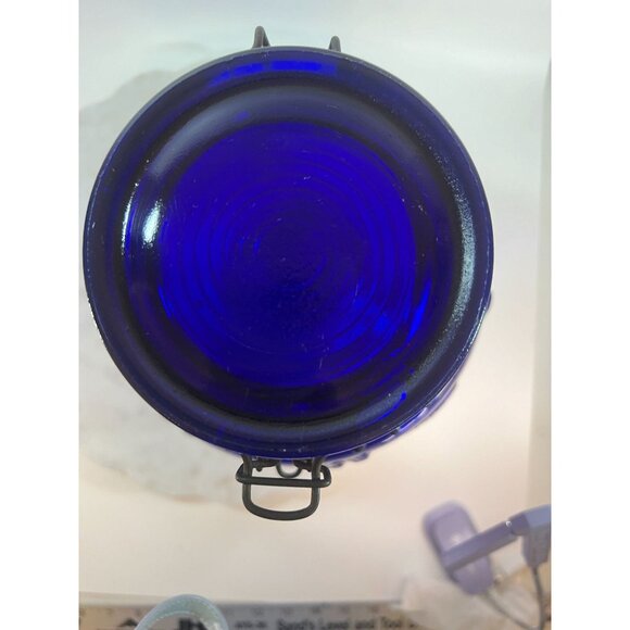 Vtg Italian Embossed Cobalt Blue Glass Jar Hinged Lid Tells a story of a farmer - Picture 10 of 10